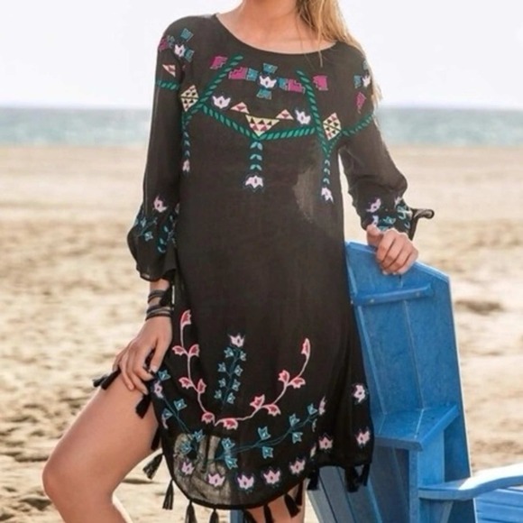 Sundance Dresses & Skirts - Sundance Tunic Dress Women L Black Embroidered Tassel Bell Sleeve Boho 106s